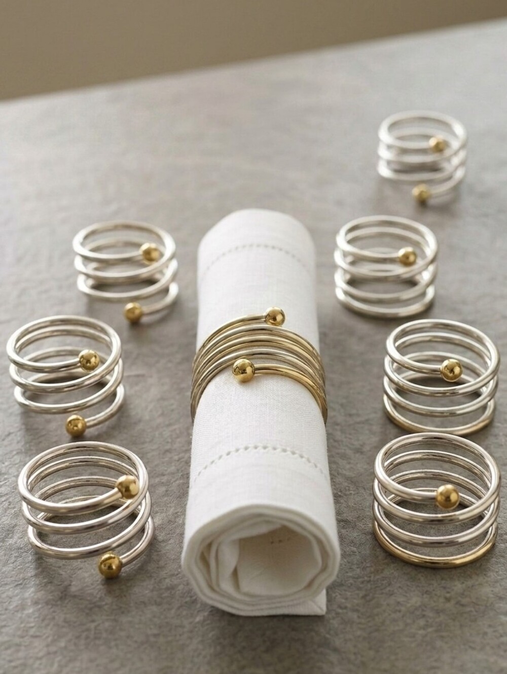 MODERN STYLE Spiral Napkin Rings Silver Tone with Brass Tone Ball Ends, Set of 8